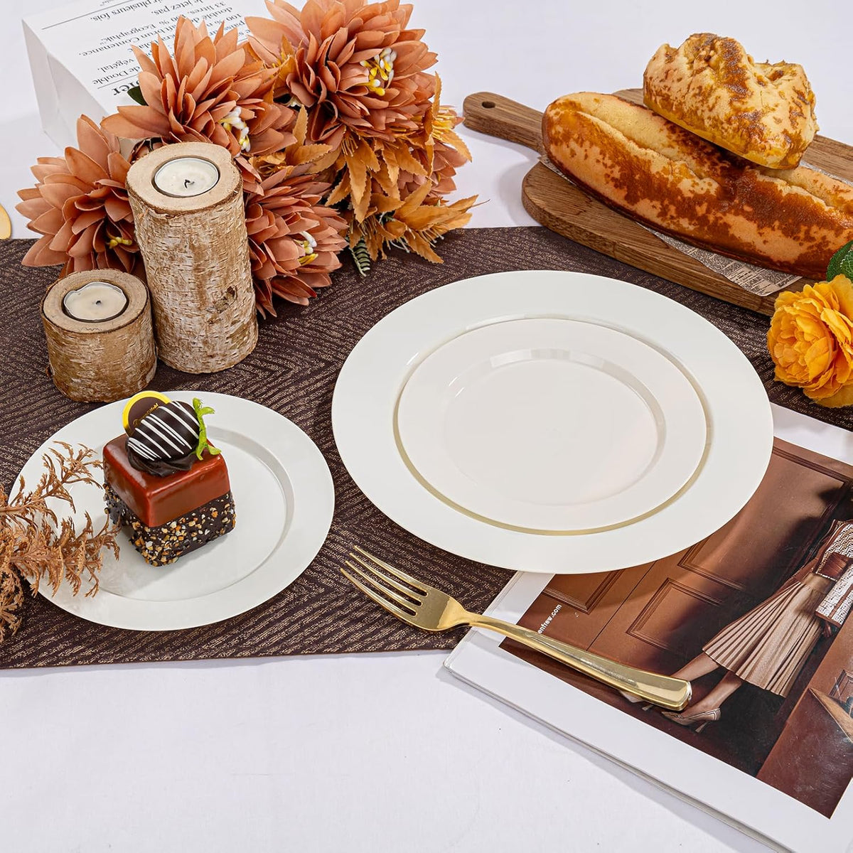 I00000 200 Pcs Ivory Plastic Plates, Disposable Party Plates Include 100 Ivory Dinner Plate 10’’ and 100 Plastic Dessert Plate 7’’ Perfect for Birthday, Party & Wedding
