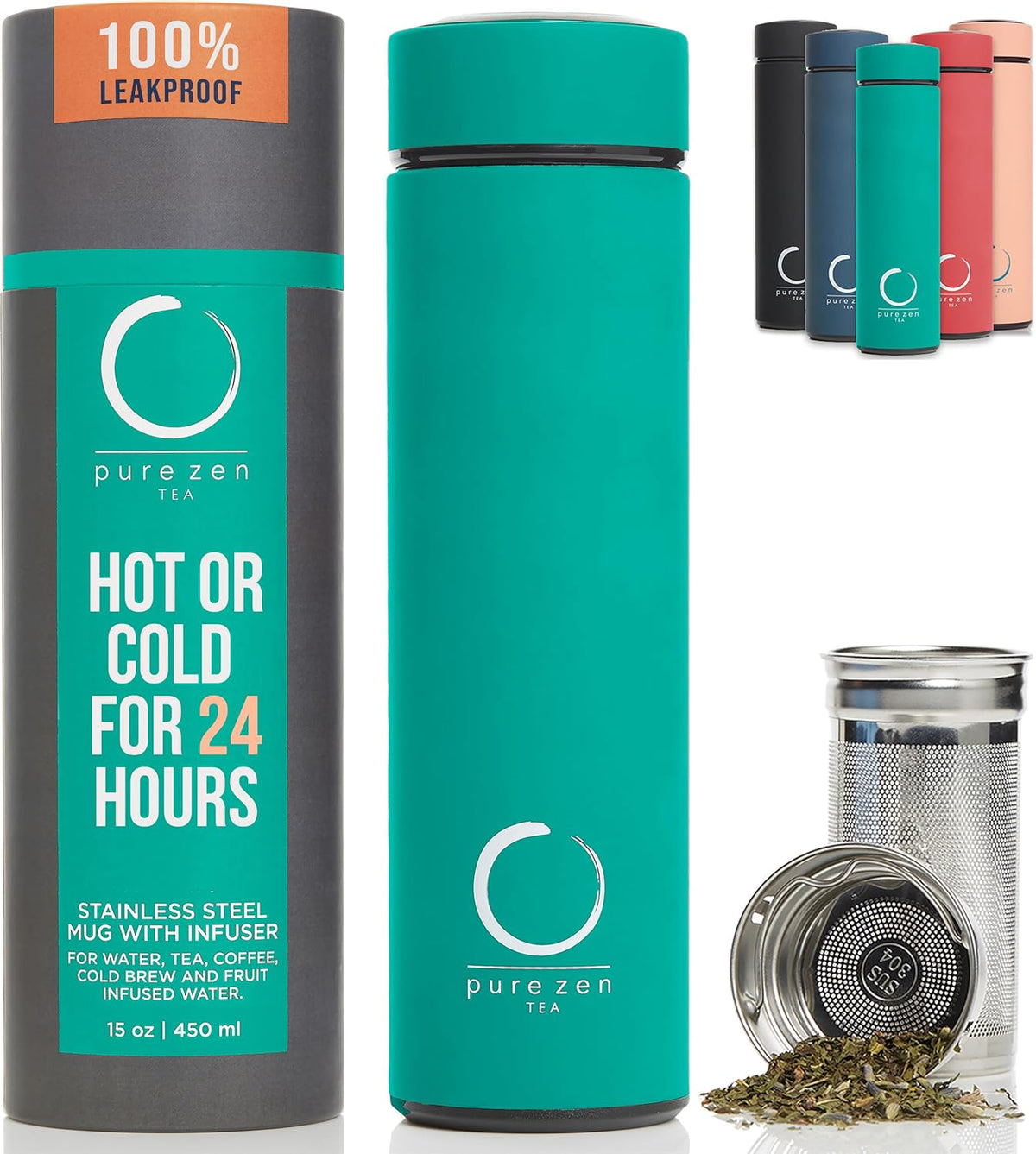 Pure Zen Tea Thermos with Infuser for Hot and Cold Infusions - Stainless Steel - Tea Infuser Bottle - Leakproof Travel Mug with Filter - 15oz