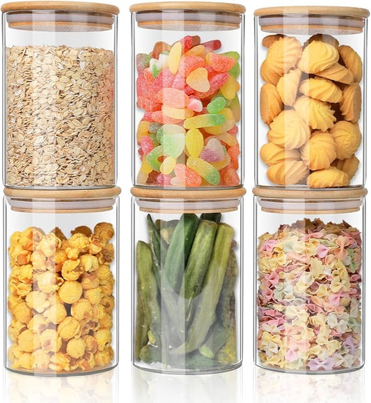 YUNCANG Glass Food Storage Jars 37oz [Set of 6],Clear Glass Food Storage Containers with Airtight Bamboo Lid Stackable Kitchen Canisters for Candy,Cookie,Rice,Sugar,Flour,Pasta