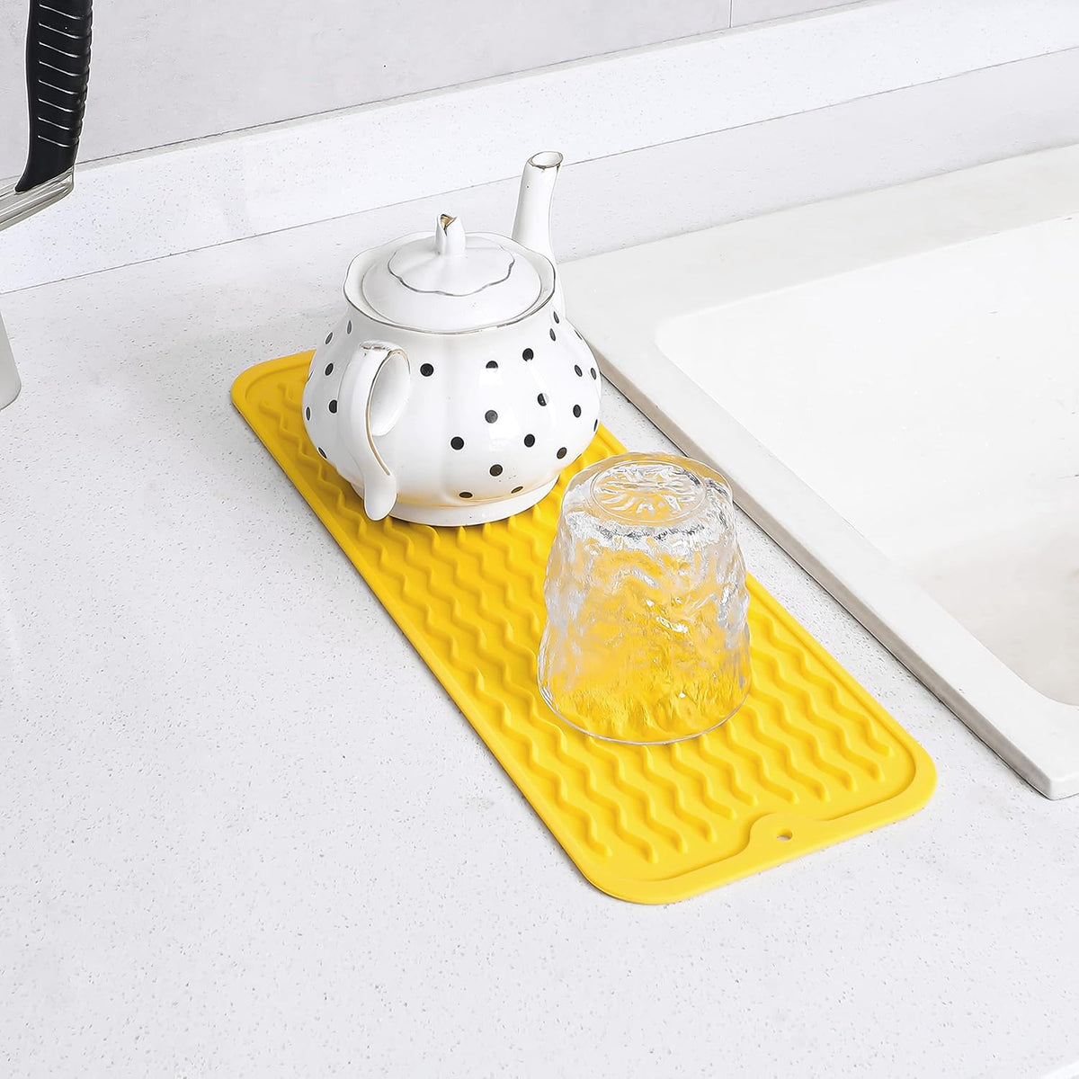 Silicone Dish Drying Mat for Multiple Usage,Easy clean,Eco-friendly,Heat-resistant Silicone Mat for Kitchen Counter,Sink,Bar,Bottle,or Cup Yellow M 17 inches x 6 inches