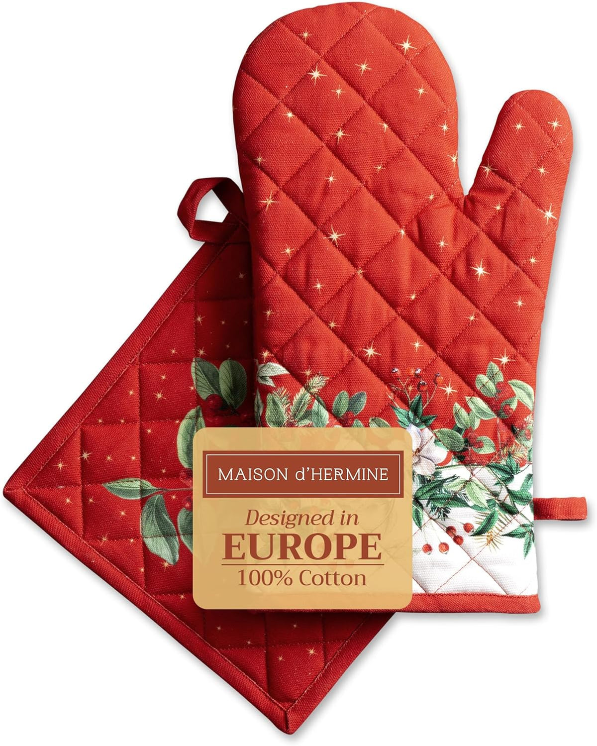 Maison d' Hermine 100% Cotton Oven Mitt & Pot Holder Set (7.5"x13" & 8"x8") Heat Resistant BBQ Cooking Gloves with Loop, Baking, Grilling, Kitchen, Handling Hot Pans (Noel)