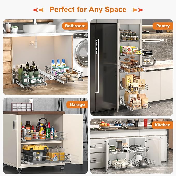 ALINE FURNITURE 2-Tier Pull Out Cabinet Organizer - 14" W x 22" D Soft Close Pullout Shelves with Shelf Liners - Slide Out Drawers for Kitchen Cabinets, Pantry, Bathroom, Heavy Duty Steel Wire Baskets