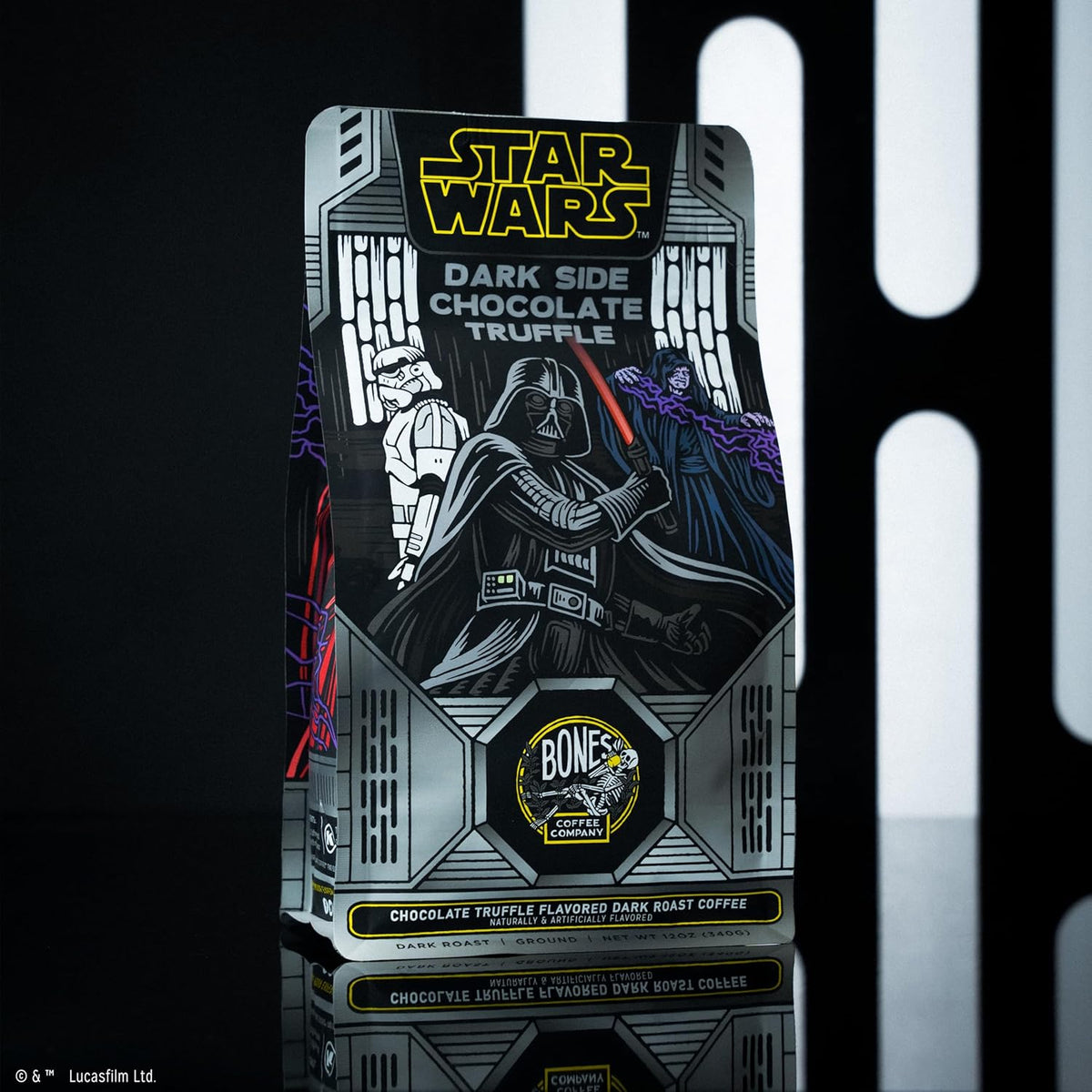 Bones Coffee Company Star Wars Dark Side Chocolate Truffle Flavored Coffee, Medium Roast Low Acid Arabica Beans Compatible with Auto drip and French Press Coffee Maker, 12 Oz Whole Bean
