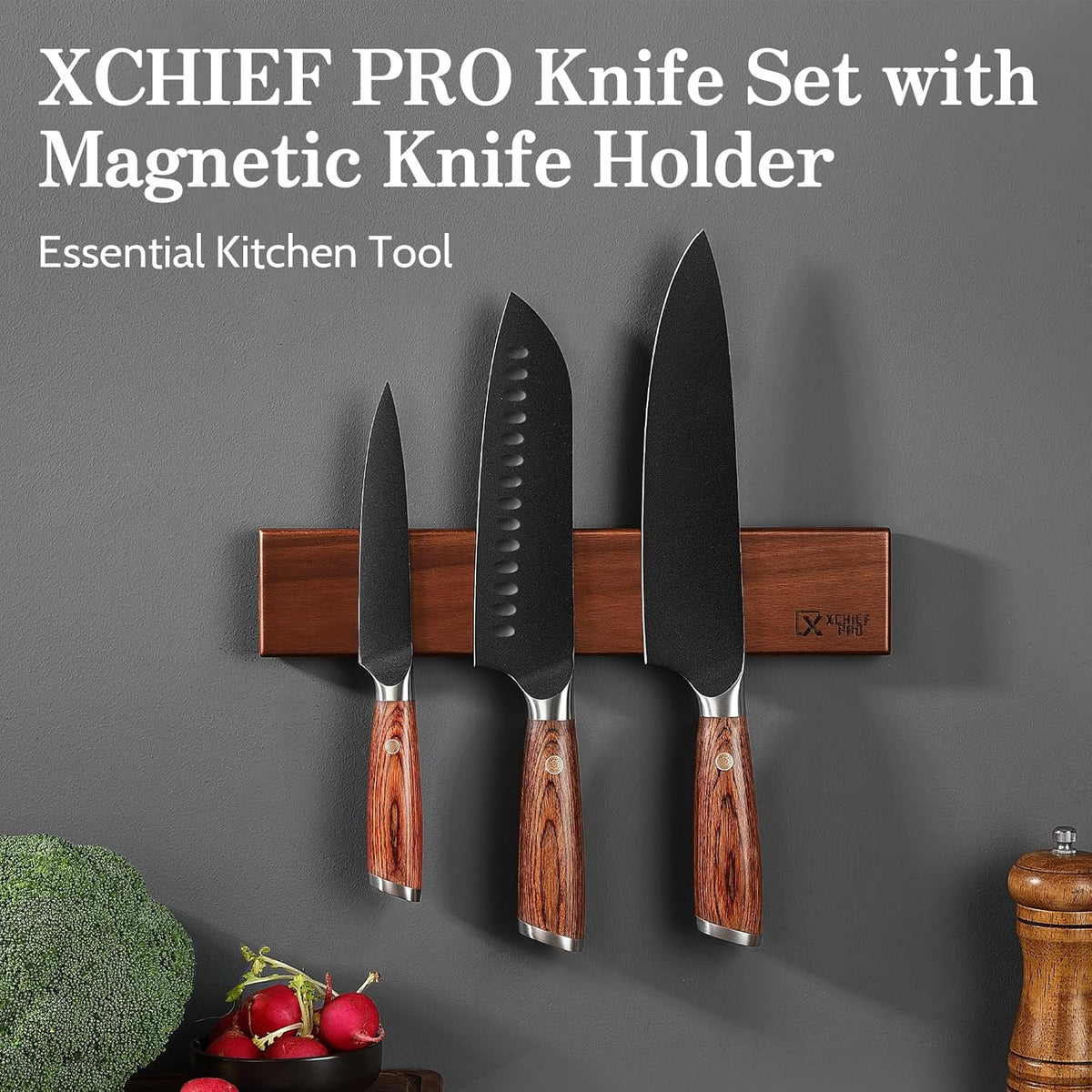 Kitchen Knife Set with Magnetic Holder, 4 Pieces Japanese High Carbon Stainless Steel Chef Cooking Knife Set, Ultra Sharp Professional Chef Santoku Utility Knives (Black)