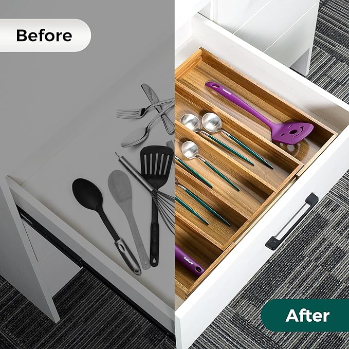 Utoplike Acacia Kitchen Drawer Organizer Expandable, Large Utensils and Cutlery Tray, Adjustable Silverware Divider for Knives Flatware