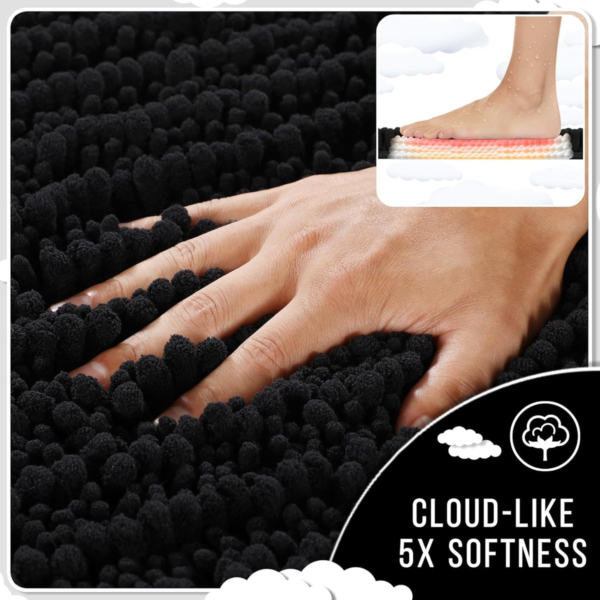 Yimobra Bathroom Runner Rug 60x24 Inch - Extra Long Non Slip Chenille Bath Mat, Soft & Absorbent, Machine Washable Shaggy Hallway Carpet for Vanity Tub Shower, Black Home Decor Accessories