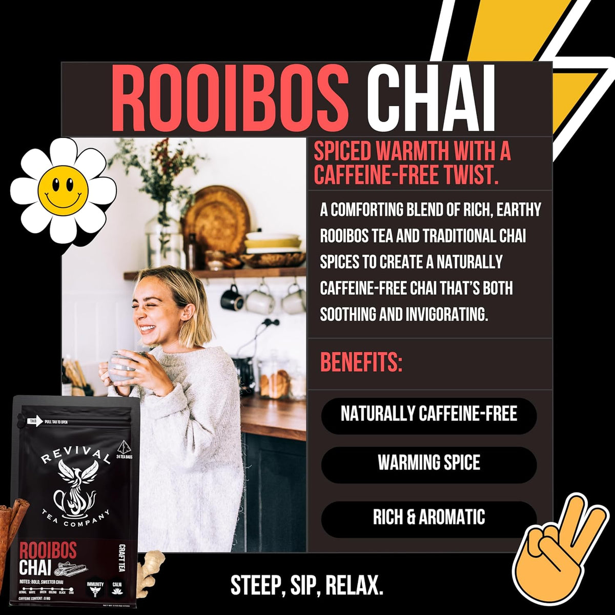 Revival Tea Company Rooibos Chai Tea - Rooibos Red Tea Blend with Fresh Spiced Chai Flavor - Caffeine Free - Loose Leaf 8 Ounces