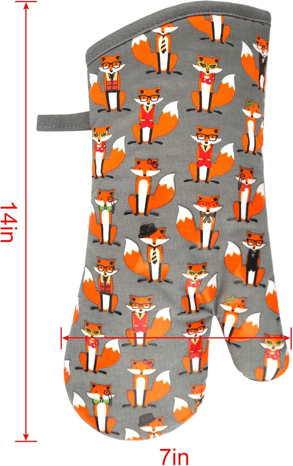 Oven Mitts Gloves 1 Pair Heat Resistant 480 ℉ Non Slip Clear Silicone Printed Fox Comfortable Cotton Lining Kitchen Women Men Cooking Baking Barbecue Machine Washable (Fox, Gray Mittens)