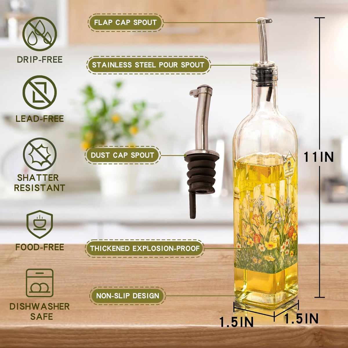 TZSSP Olive Oil Bottle, Oil & Vinegar Cruet Bottle 17oz/500ml - Dispenser Bottle Set, Glass Container with Drip-Free Stainless Steel Pourers, Bottle Set for Kitchen, Garden