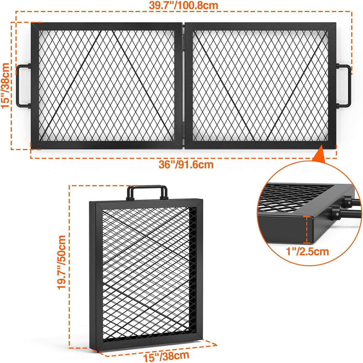 Onlyfire Foldable X-Marks Fire Pit Cooking Grate, Portable Rectangle Campfire Grill Grate with Handles, Heavy Duty Steel Campfire BBQ Grill for Outdoor, 36 inch