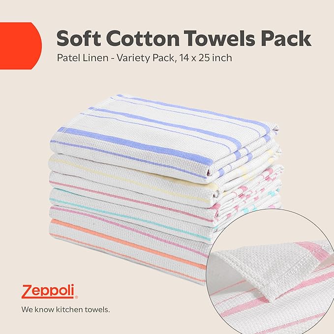 Zeppoli Classic Kitchen Towels - 6 Pack 100% Natural Cotton Towel Set, Reusable Wash Cloths, Absorbent Dish Towels, Machine Washable Hand Towels, Kitchen Essentials, 20” x 28” - Pastel VAR