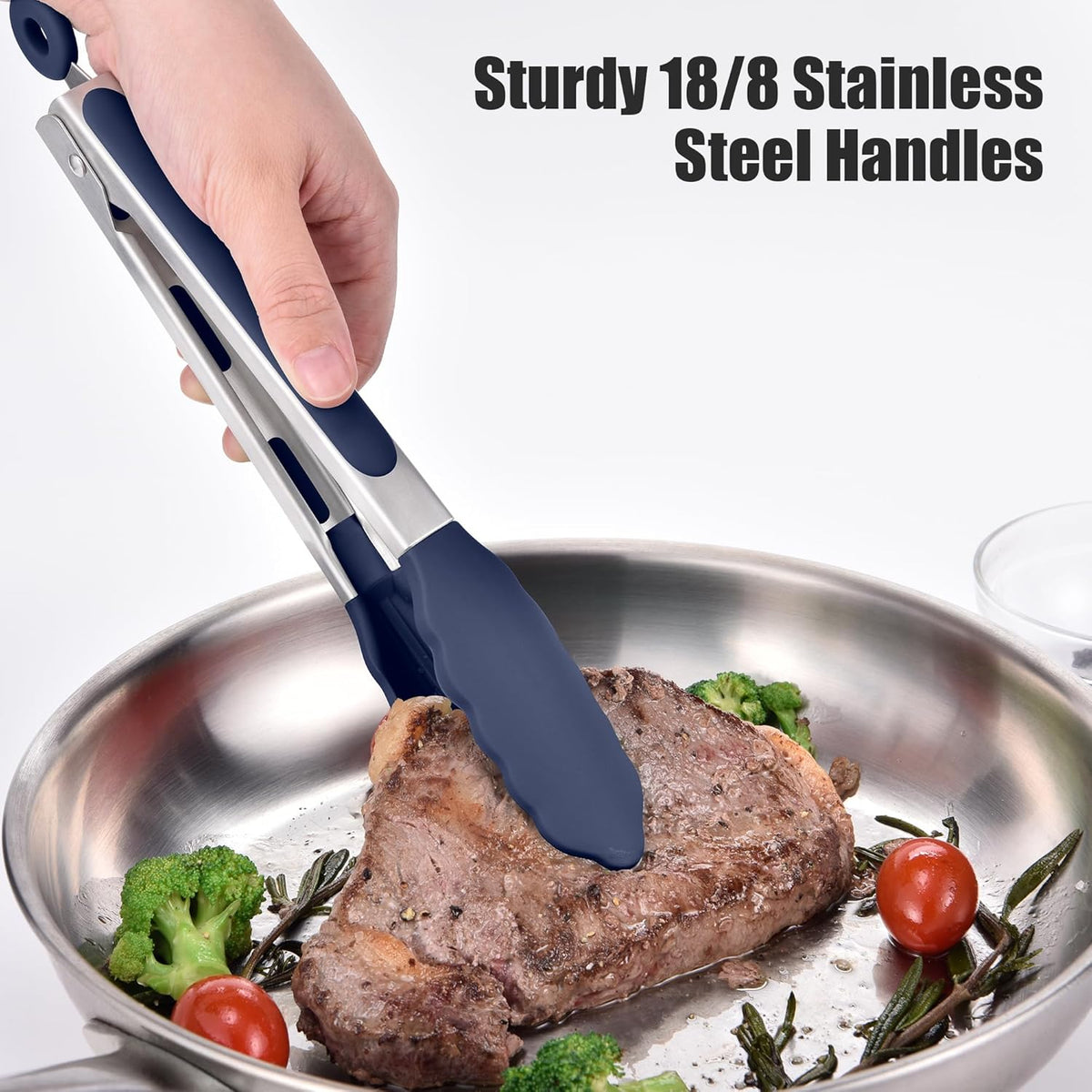 Doosu Kitchen Tongs for Cooking - 600°F Heat Resistant Food Tong with Non-Scratch Silicone Tips, Heavy Duty Stainless Steel Locking Tong for BBQ, Grilling Steak, Serving Salad Pasta (9in, Navy Blue)