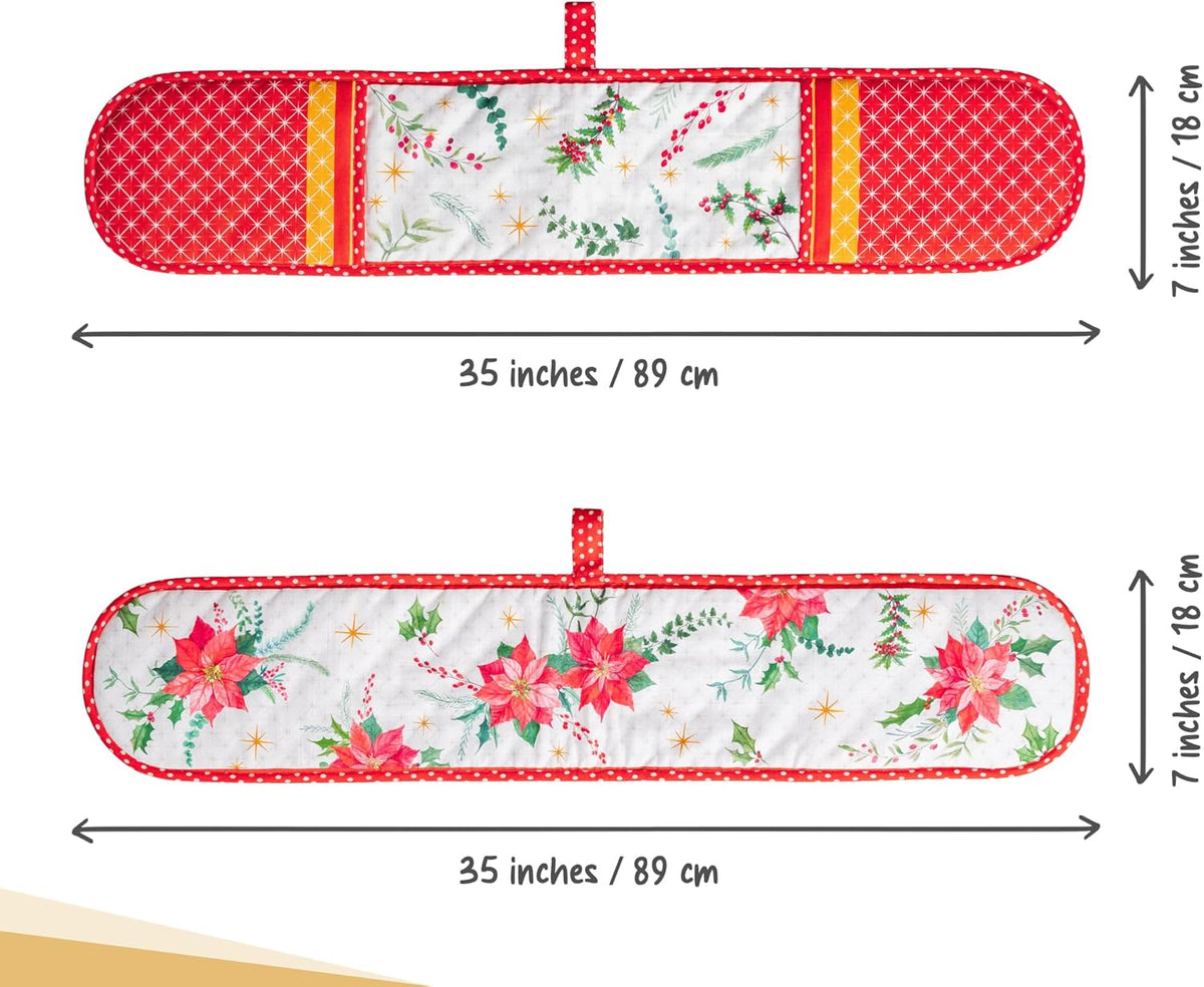 Maison d' Hermine Double Oven Mitts 100% Cotton 7"x35" Double Oven Mitt Heat Resistant BBQ Cooking Gloves with Loop, Baking, Grilling, Home, Kitchen, Handling Hot Pans (Poinsettia Christmas)