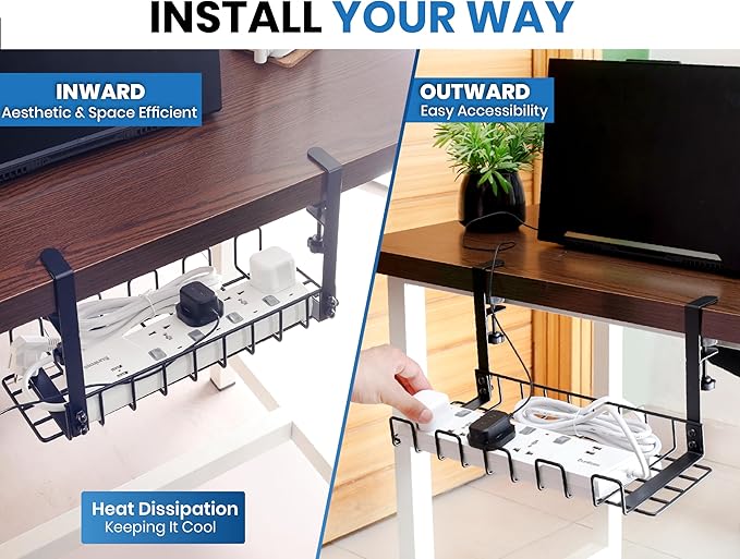 Under Desk Cable Management Tray, 16” No Drill Cord Organizer with Clamps for Wire Management, 4mm Sturdy Wire Desk Cable Organizer Tray, Cable Management Rack for Home & Office (Pack of 2)