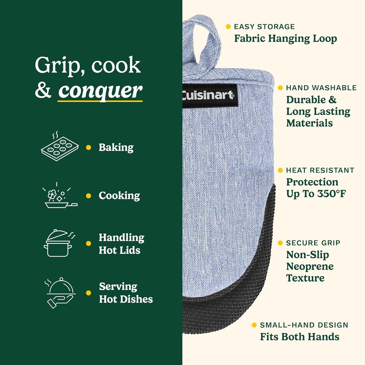 Cuisinart Mini Oven Mitts – 5.5” x 7” Heat-Resistant Kitchen Mitts for Oven with Non-Slip Neoprene Palm, Cotton Filling, and Fabric Loop – Durable Oven Mitt Set for Cooking & Baking (Light Blue)