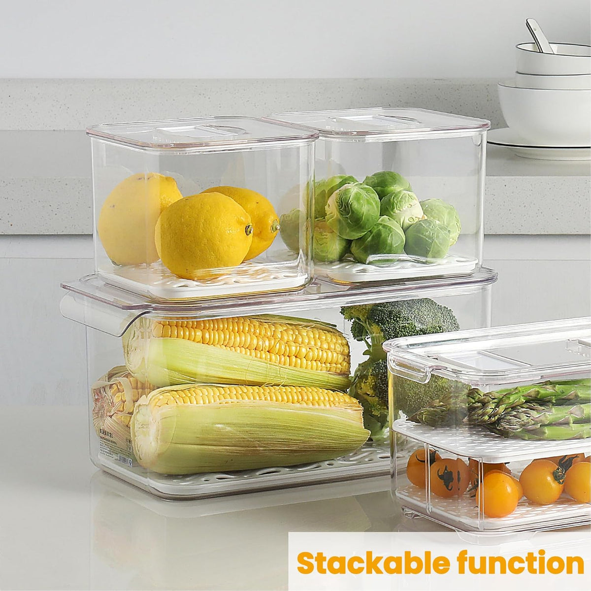 vacane Fresh Produce Saver for Refrigerator, 3 Pcs Food Fruit Lettuce Keeper Containers, Salad Vegetable Storage Organizers Stackable, BPA-free Stay Fridge Storage Containers