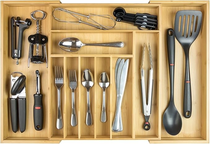 Premium Silverware, Flatware and Utensil Organizer for Kitchen Drawers, Food-Safe Contract Grade, Expandable from 14 to 25 In, Natural Bamboo