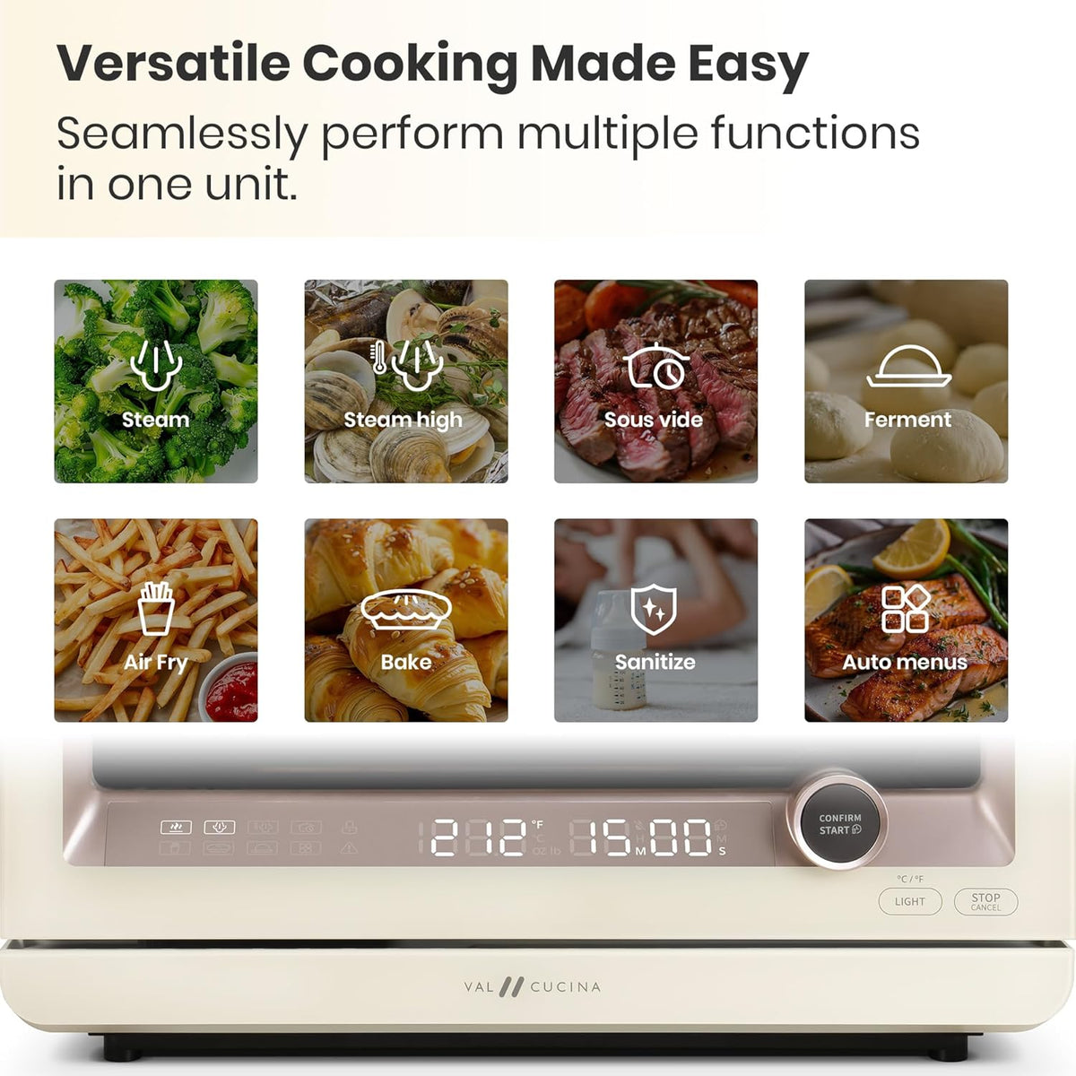 7-in-1 Steam Convection Oven Countertop with Air Fry, Bake, Sous Vide, Ferment, Built-in Recipes | Anti-Scalding, Self Clean, Food-grade Stainless Steel Cavity & Accessories | 1500W