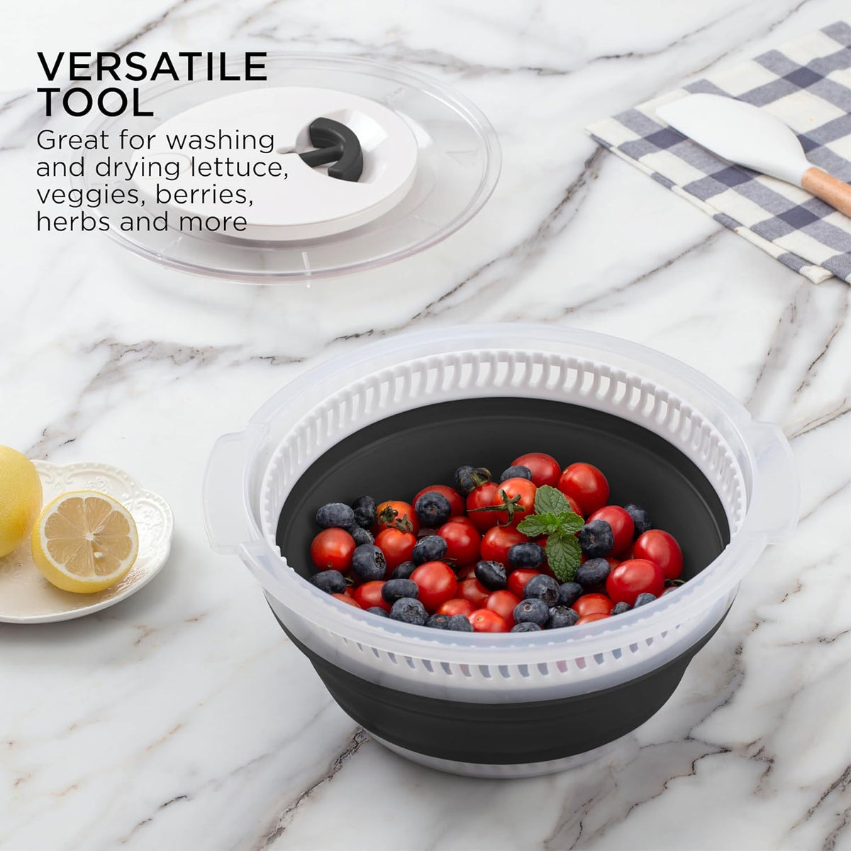 COOK WITH COLOR Collapsible Salad Spinner - 4 QT Space Saving Lettuce Dryer with Folding Collapsible Colander Great for Washing and Drying Fruit and Vegetables (Black)