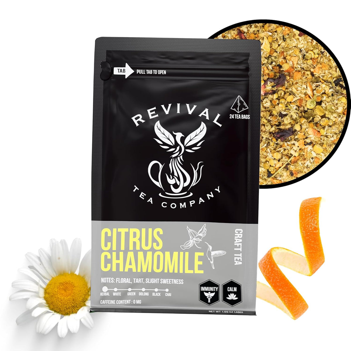 Revival Tea Company Citrus Chamomile Tea - Herbal Tea Blend of Chamomile Flowers and Orange Peel - Caffeine Free - Loose Leaf 3 Ounces