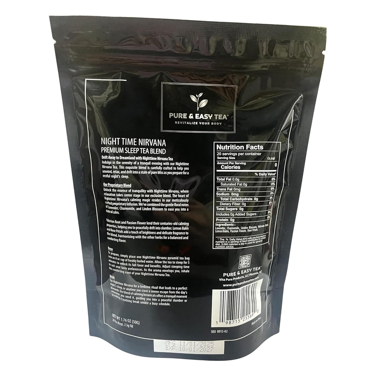 Pure And Easy Tea, Nighttime Nirvana, Natural Sleep & Relaxation Tea, Caffeine-Free Loose Leaf Blend with Chamomile, Lavender & Lemon Balm, Premium Wellness Tea, 20 BPA-Free Sachets