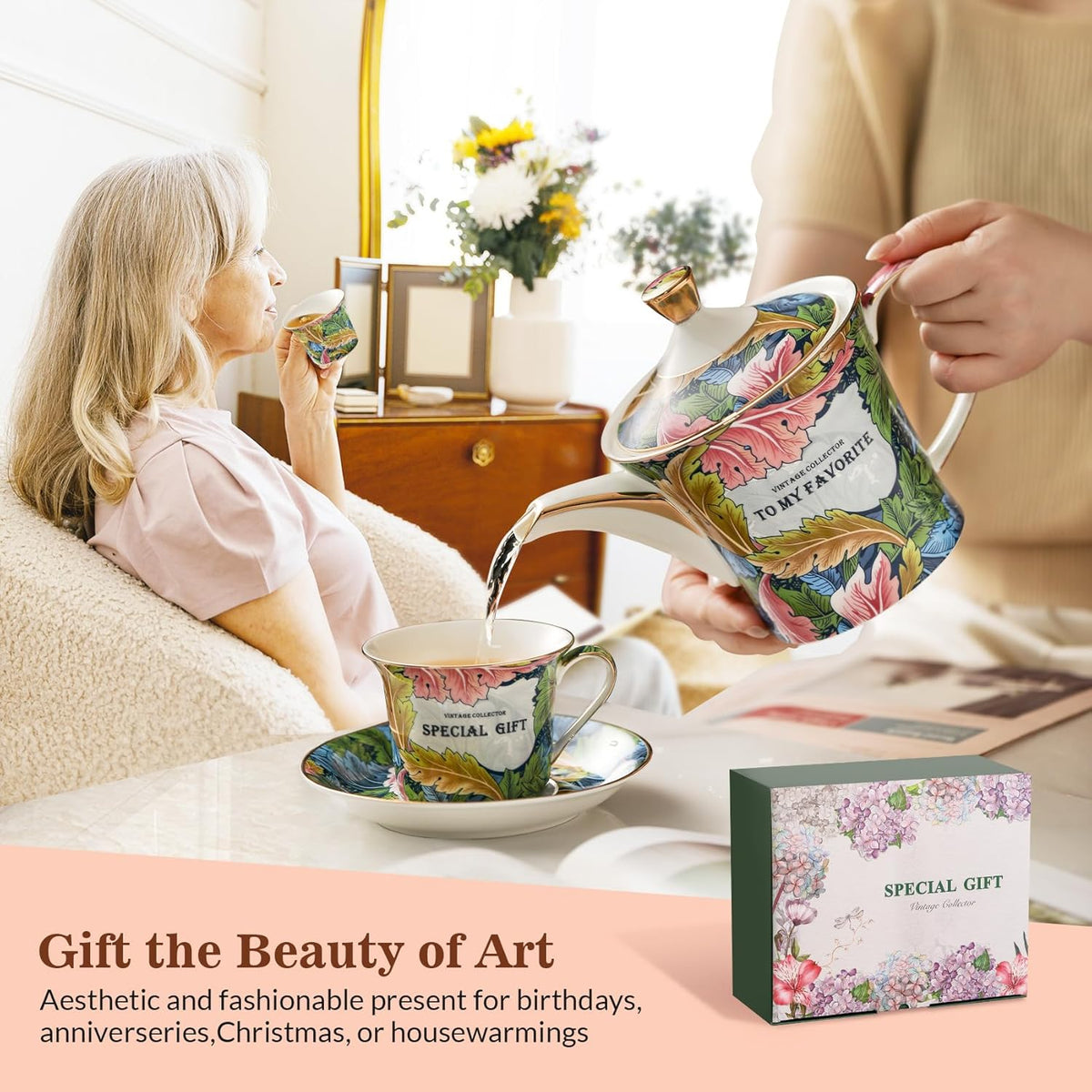 ACMLIFE Porcelain Tea Set for Adults, 15-Piece Green Bone China Tea Set for Women, Tea Cups and Saucers Set Service for 4, Gift (green, large set 13)