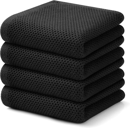 Kitinjoy 100% Cotton Waffle Weave Kitchen Towels, 4-Pack Super Soft and Absorbent Dish Towels for Drying Dishes, Kitchen Hand Towels, 13 in x 28 in, Black