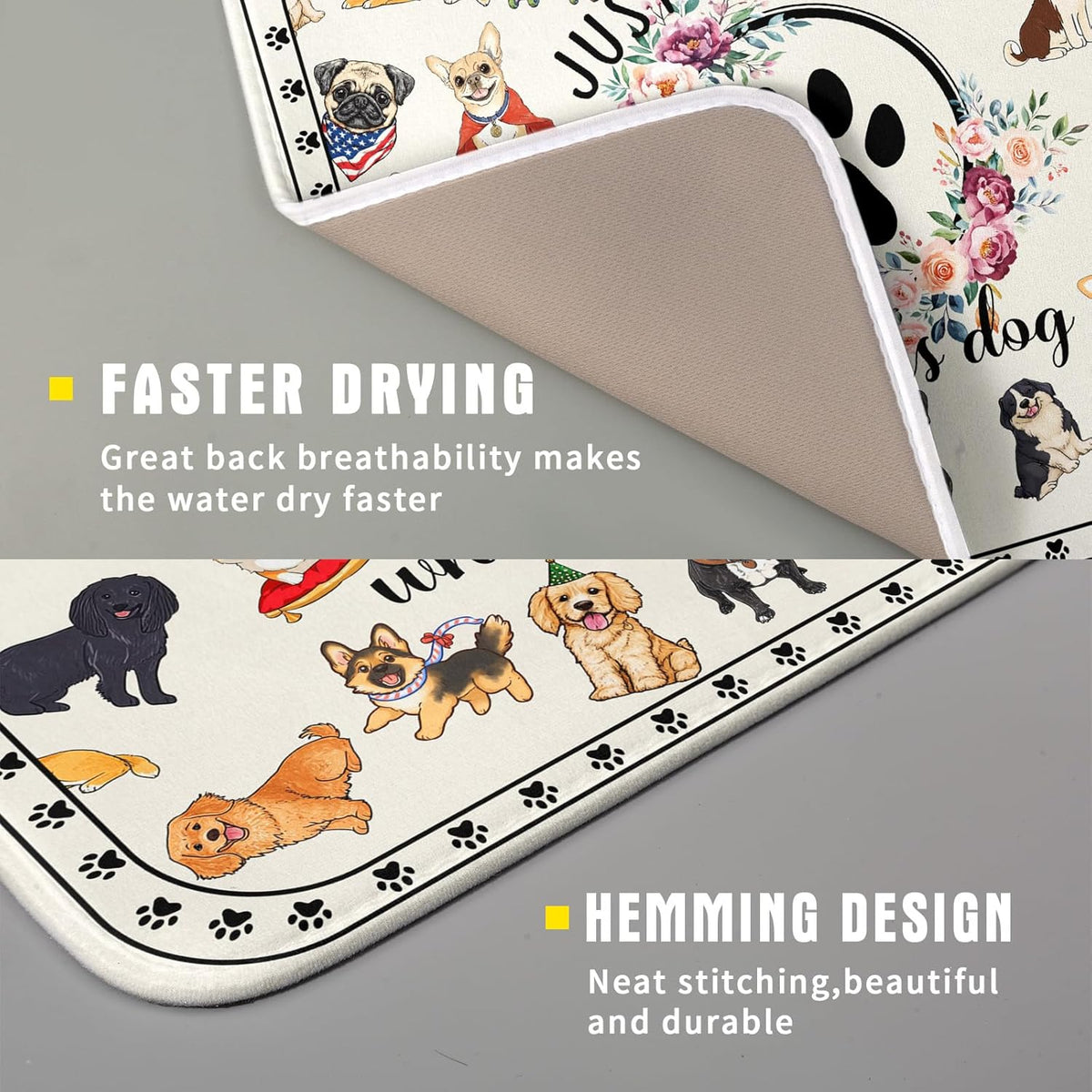 Lovely Dogs Dish Drying Mat Absorbent Printed Drying Pad for Kitchen Counter