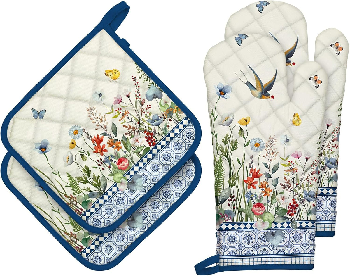Retro Wildflowers Oven Mitts and Pot Holders Sets 4Pcs, 100% Cotton Heat Resistant, Extra Long Oven Gloves Potholder for Kitchen Cooking Baking Housewarming