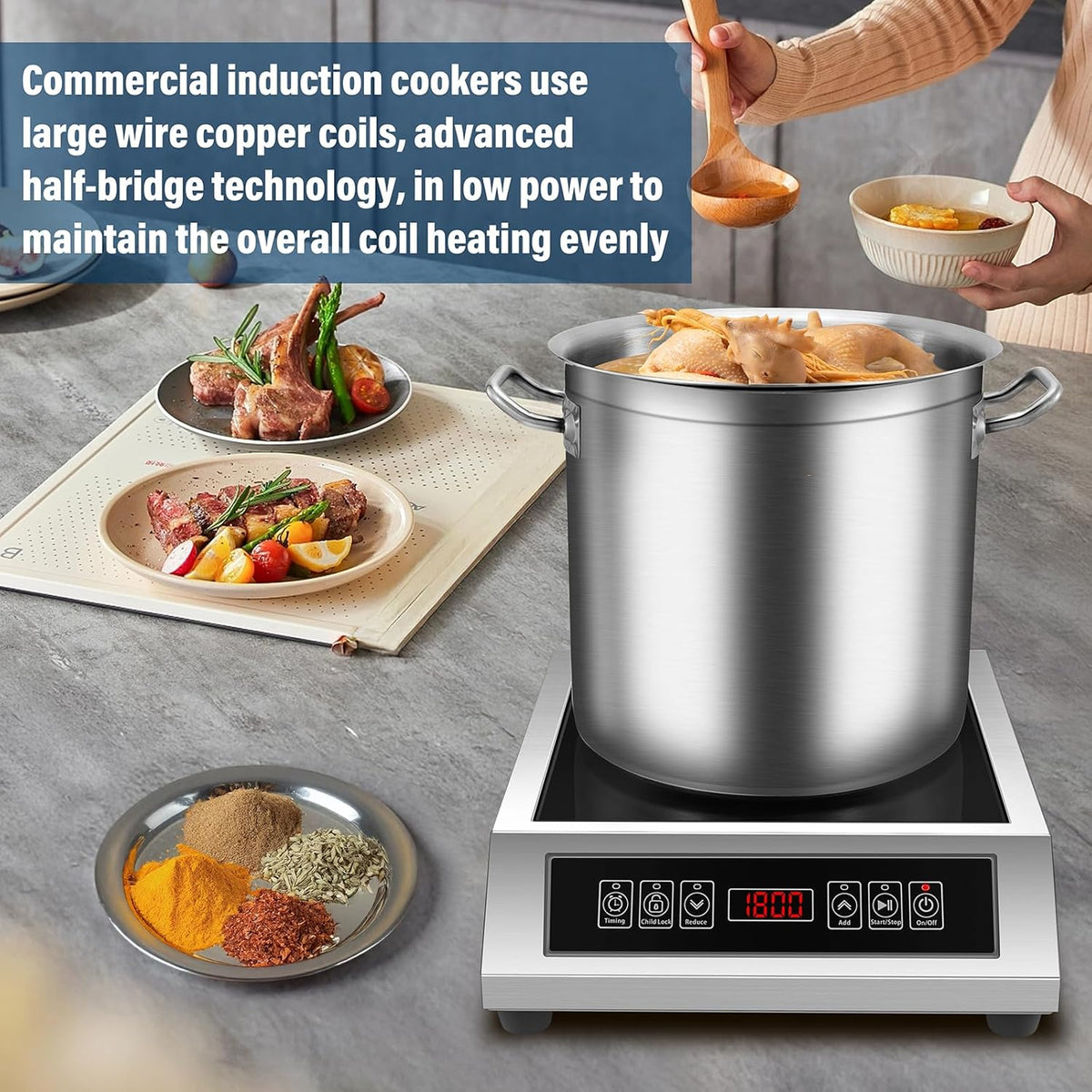 Professional Portable Induction Cooktop,1800 Watts 120V Commercial Range Countertop Burner, 1800 Watts Induction Burner with Sensor Touch and LCD Screen Low noise, timed