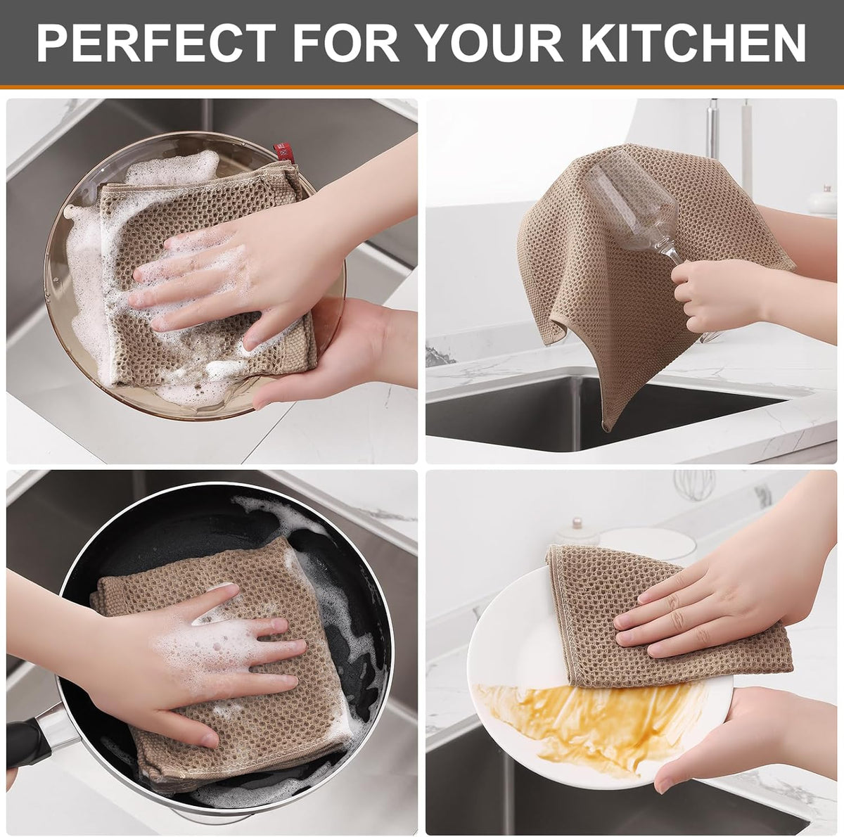 Kitinjoy 100% Cotton Kitchen Dish Cloths, 6 Pack Waffle Weave Ultra Soft Absorbent Dish Towels for Drying Dishes Quick Drying Kitchen Towels Dish Rags, 12 X 12 Inches, Tan