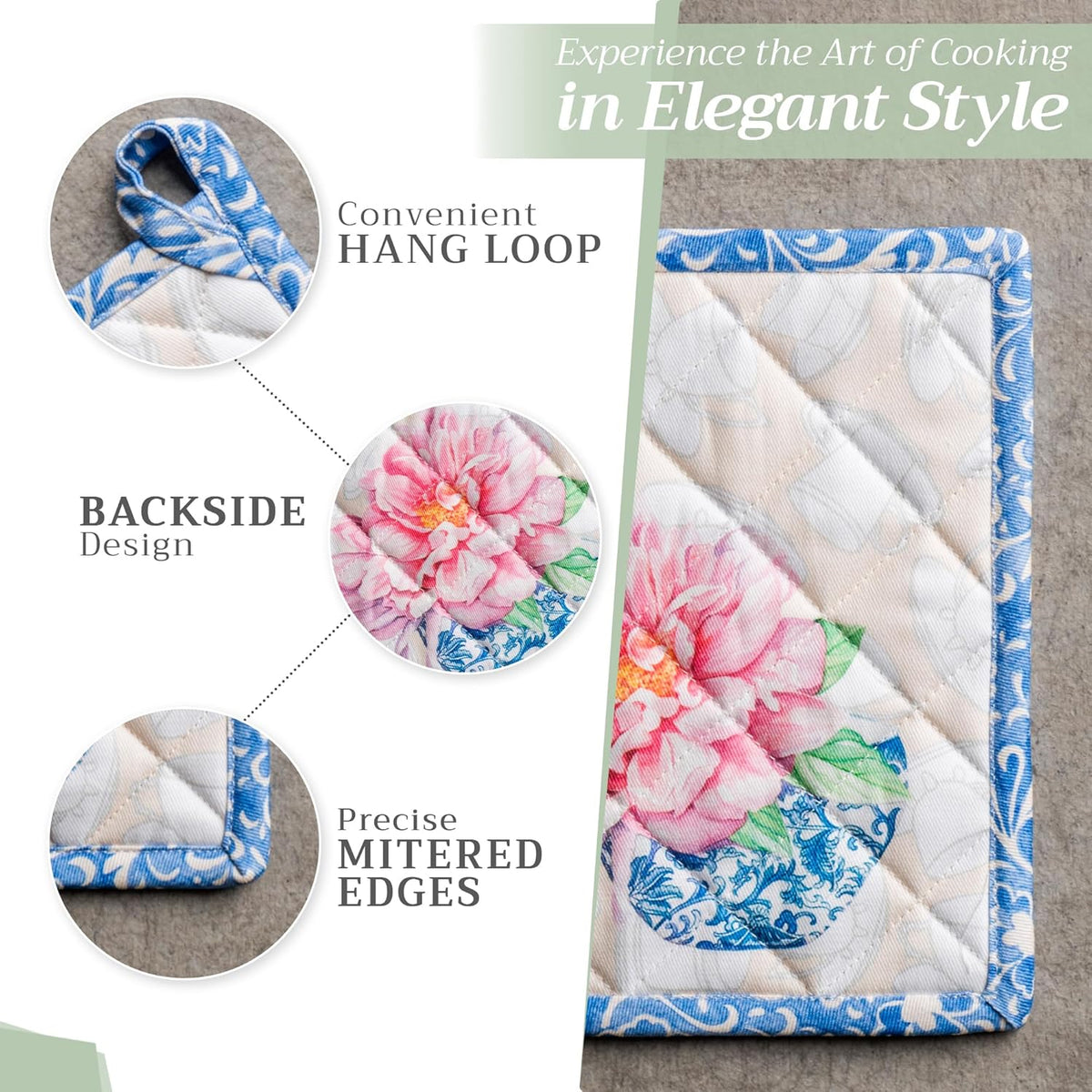 Maison d' Hermine Pot Holders Set 100% Cotton Heat Resistant Potholders 8" x 8" Hot Pads with Loop BBQ, Cooking, Baking, Grilling, Kitchen, Handling Hot Pans Spring/Summer (Pack of 2, Canton)