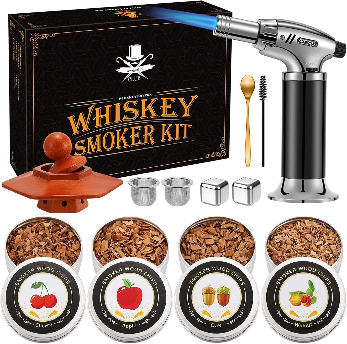 Whiskey Smoker Kit with Torch - Cocktail Smoker Infuser Kit, Old Fashioned Drink Smoker Kit, Anniversary and Birthday Bourbon Whiskey Gifts for Men, Dad, Husband, Boyfriend (No Butane)