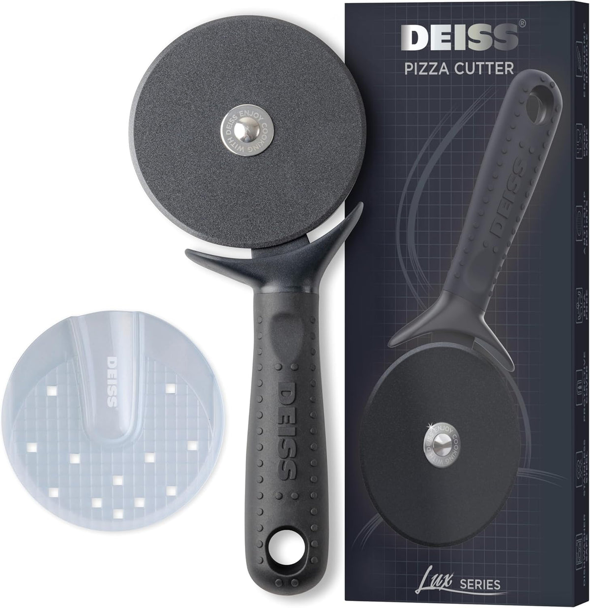 Deiss Lux Heavy Duty Pizza Cutter With Wheel Slicer- Stainless Steel Sharp Smooth Pizza Cutter Wheel With Easy Grip Non-Slip Handle, Dishwasher Safe (BLACK)