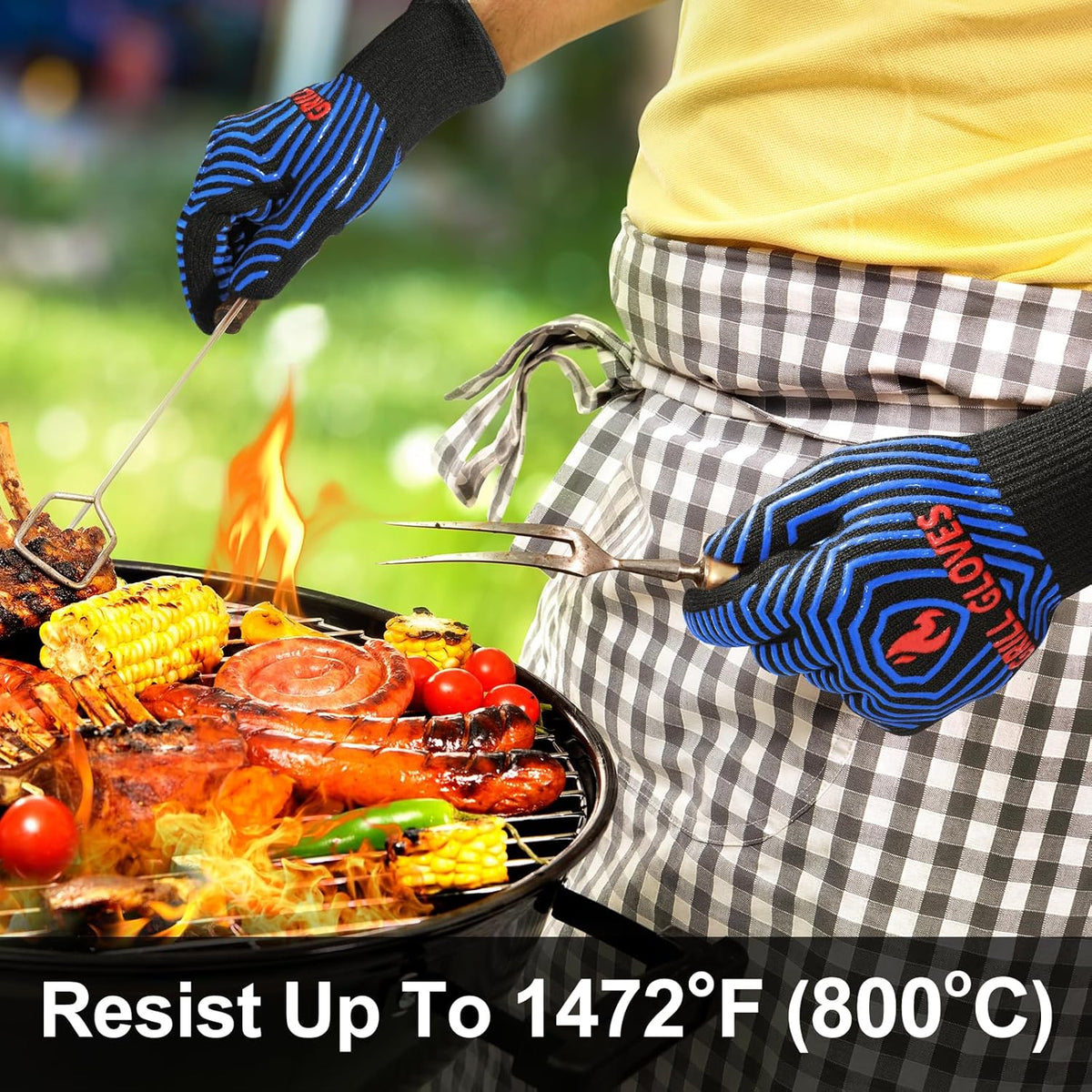 QUWIN BBQ Gloves, Oven Gloves 1472℉ Extreme Heat Resistant, Grilling Gloves Silicone Non-Slip Oven Mitts, Kitchen Gloves for BBQ, Grilling, Cooking, Baking-1 Pair (One Size Fits Most, Black/Blue)