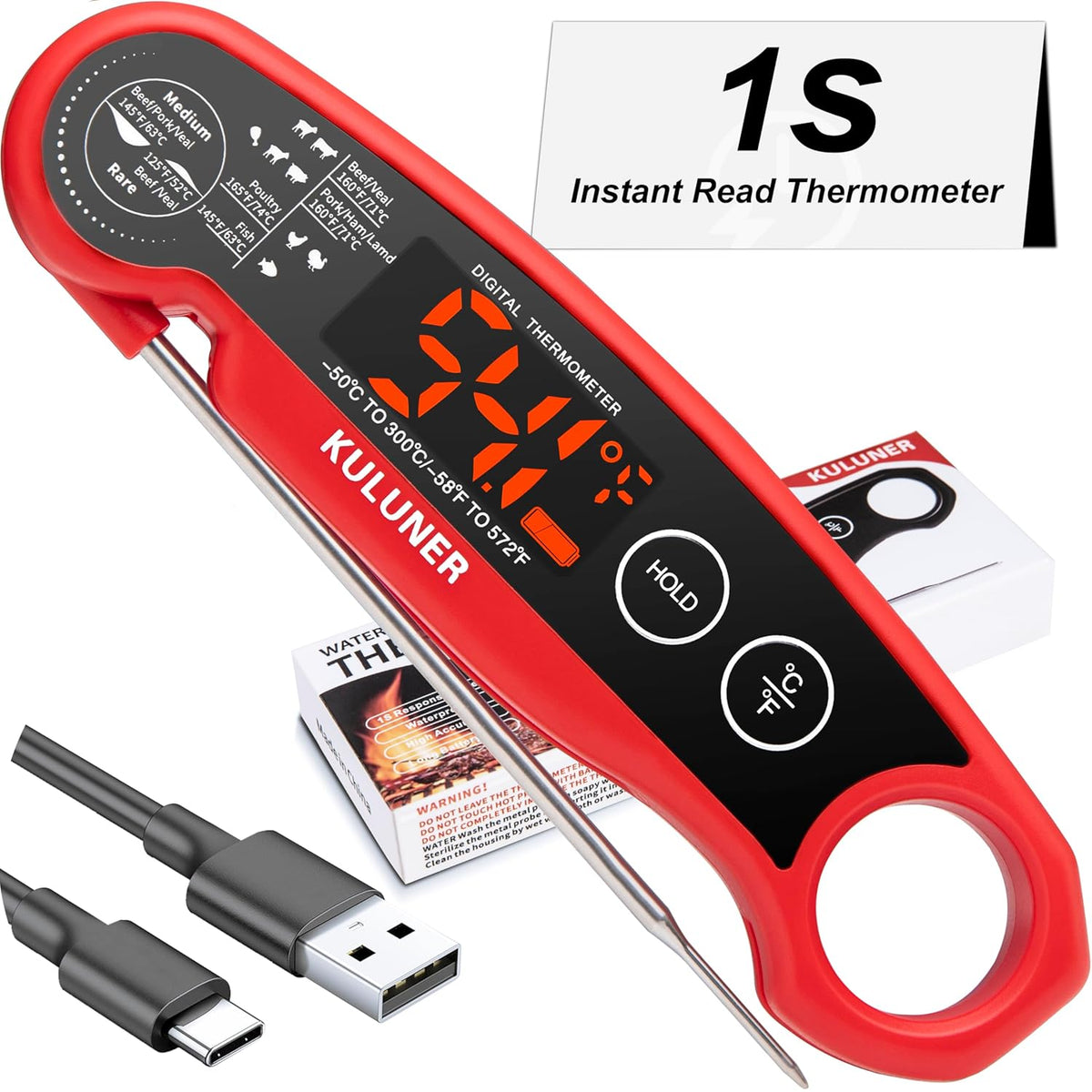KULUNER 1-Second Rapid and Accurate Meat Thermometer - Waterproof Multifunctional Kitchen Food Thermometer, Ideal for Frying, Smoking, Grilling and More(Red)