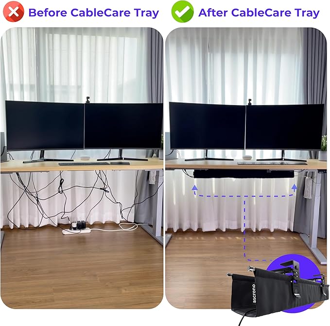 Ascrono Original No Drill Under Desk Cable Management Tray 14.1" - Premium Black Fabric Cable Management Under Desk - Clamp/Screw Mount Cord Organizer - Supports Upto 66lbs