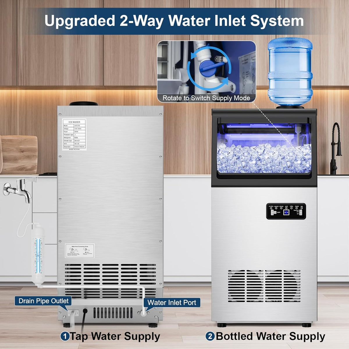 Commercial Ice Maker Machine 130Lbs/24H with 2 Water Inlet Modes, 36Pcs Ice Cubes in 8-15 Mins, Stainless Steel Under Counter/Freestanding Ice Machine with 25Lbs Storage Bin for Home/Shop/Office/Bar