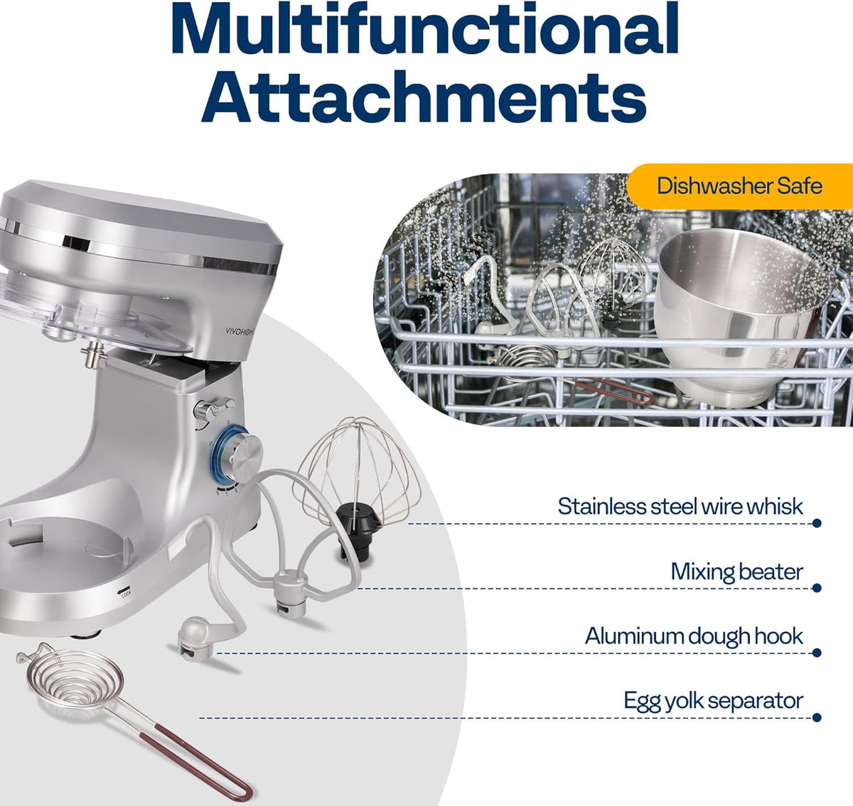 VIVOHOME 4.75 Quart Stand Mixer, 8 Speed Kitchen Electric Food Mixer, Household Stand Mixer for Baking, Cake, Bread with Beater, Dough Hook, Wire Whip and Egg Separator, Silver