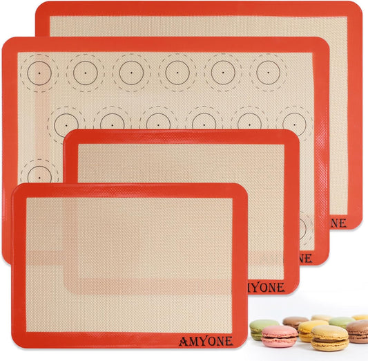 Silicone Baking Mats Set of 4, Non Stick Reusable Silicone Liners for 11" x17" Half Sheet and 8" x 12" Quarter Sheet for Baking Macaron/Cookie/Bread/Pastry