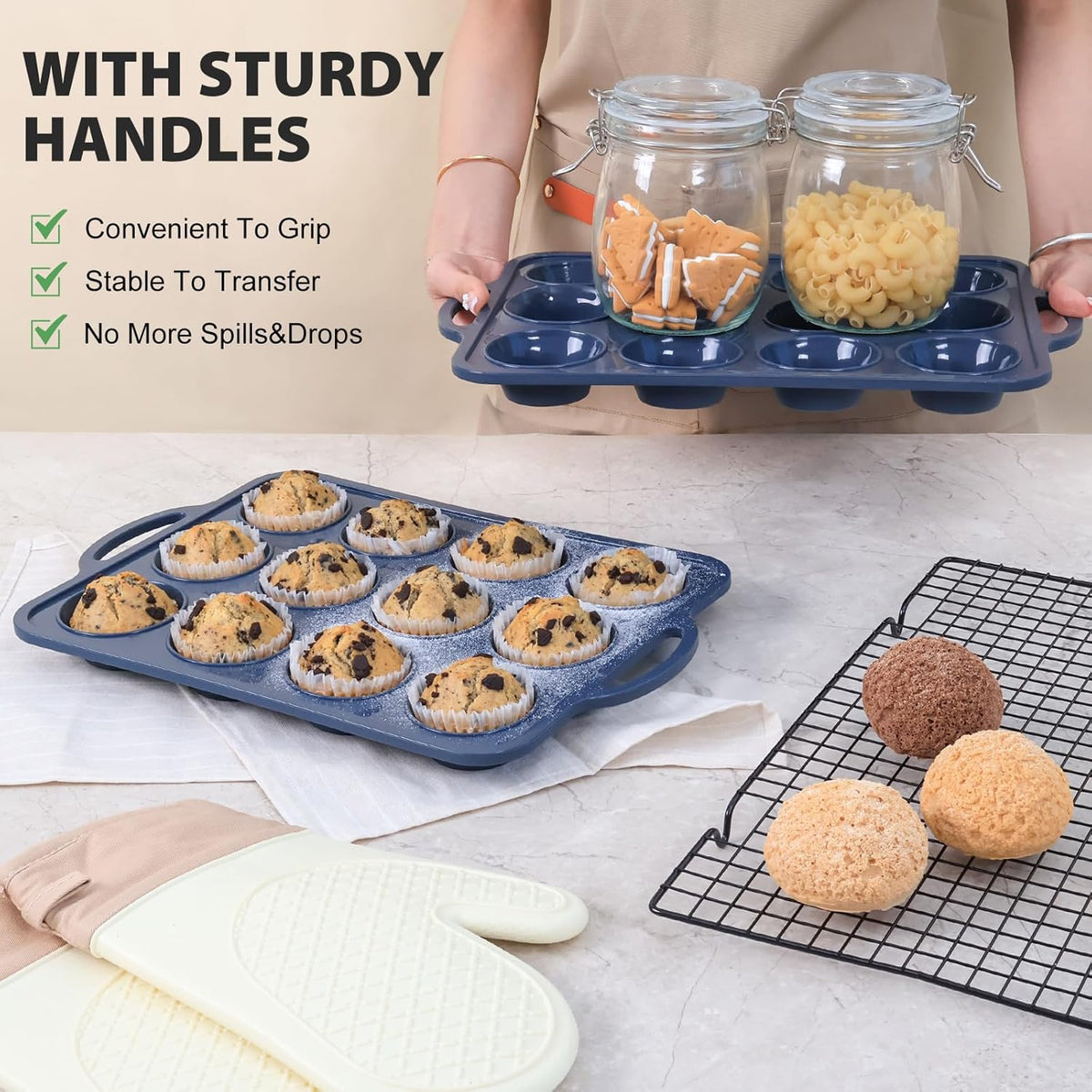 Silicone Muffin Pan with Metal Frame, Non Stick Silicone Cupcake Pan with Handles Regular 12 Cup, BPA Free Silicon Muffin Tin Tray for baking, egg bites, Cupcake Mold Grey