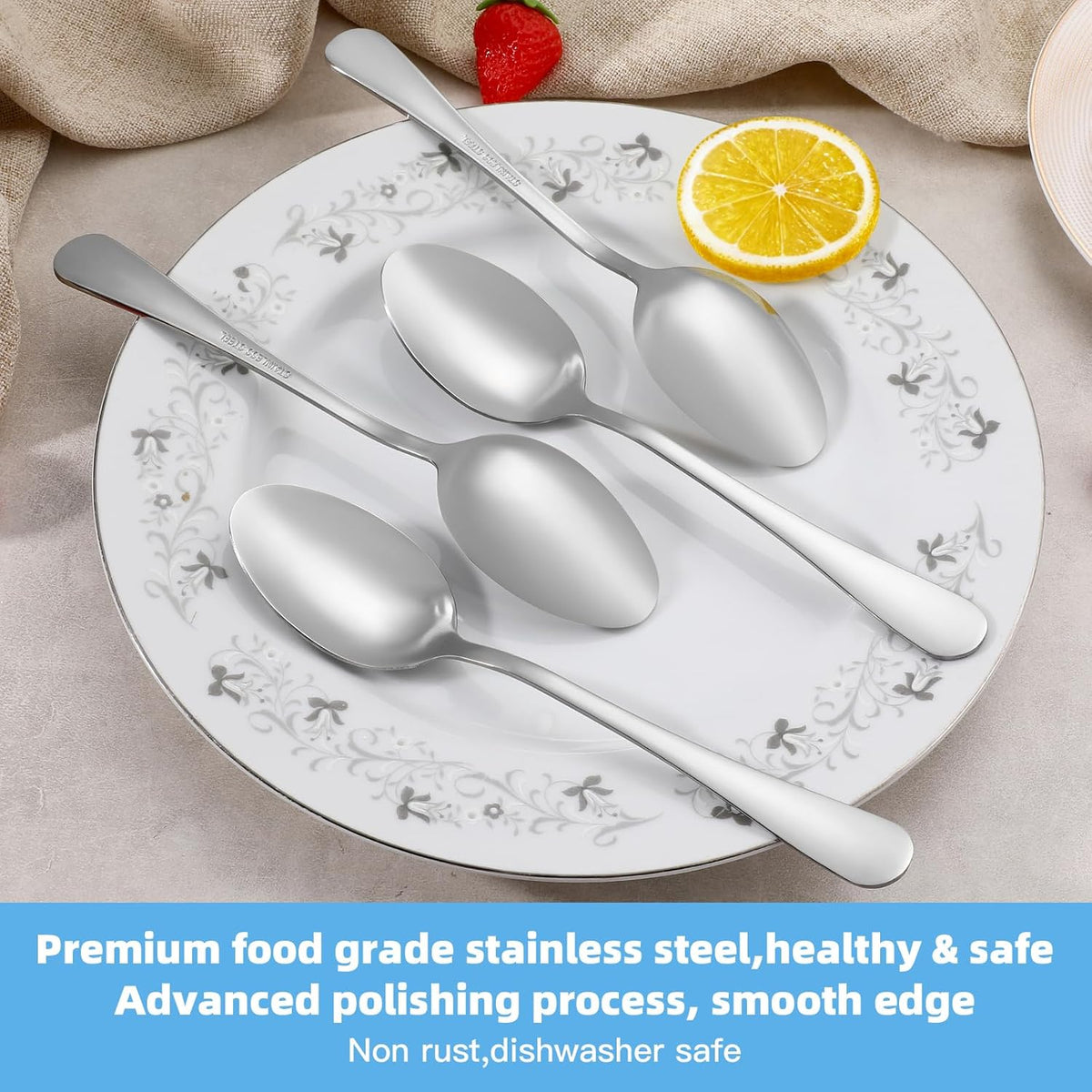 12 Pcs Dinner Spoons Set, Food-Grade Stainless Steel Large Tablespoons, Metal Cutlery Spoon, Soup Spoon, Spoons Silverware for Home, Kitchen or Restaurant, Mirror Polished, Dishwasher Safe 8 Inch