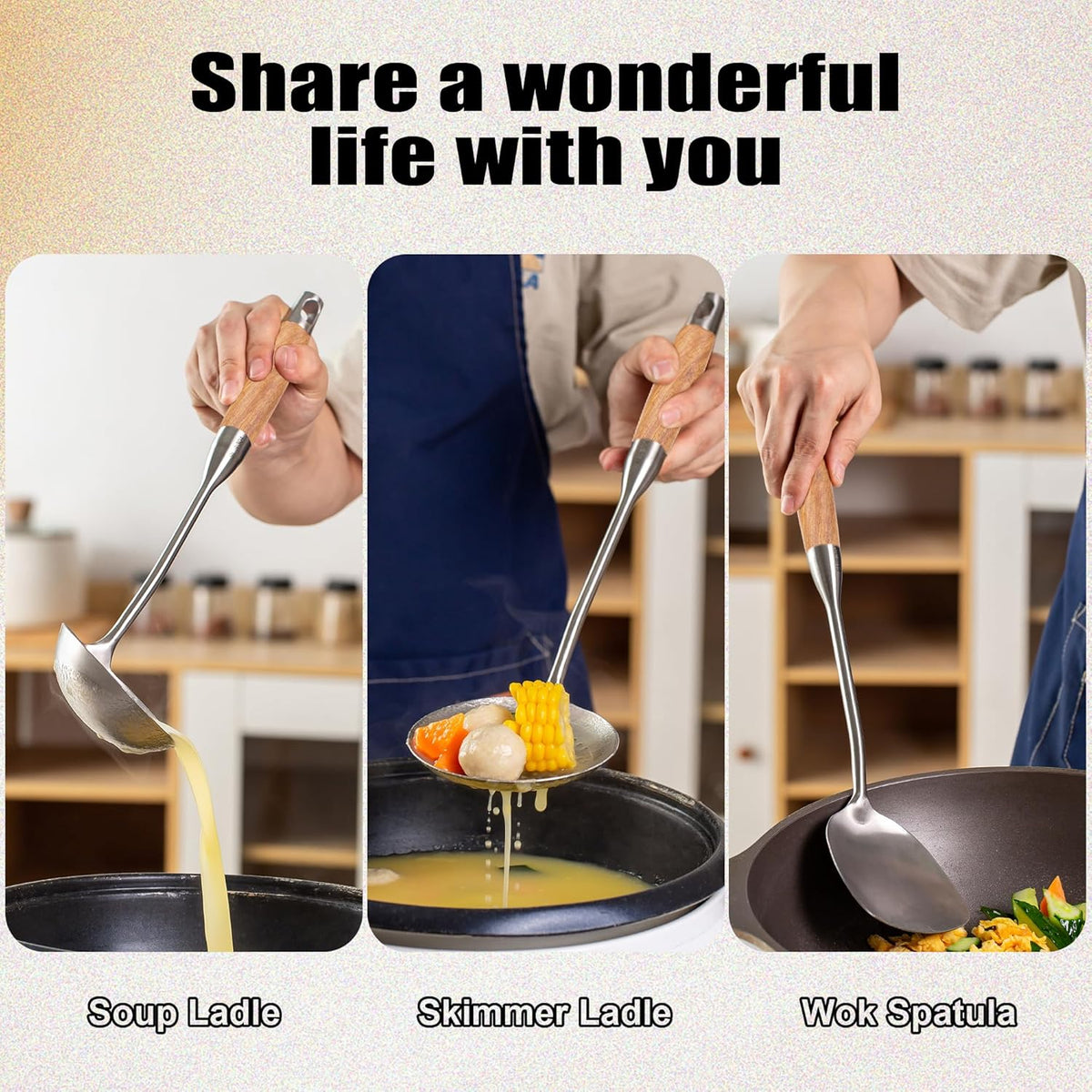 FJNATINH Soup Ladle, 13.7inches Ladle for wok, 304 Stainless Steel wok spatula,Wooden Handle
