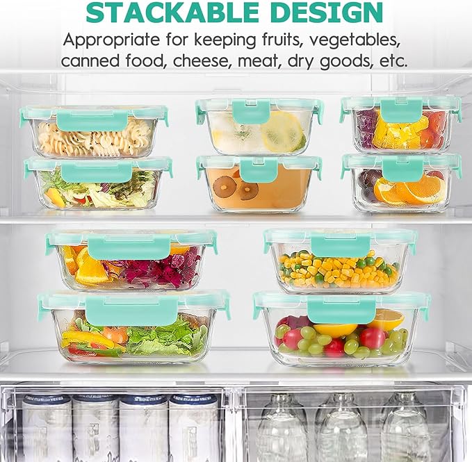 34pcs Glass Food Storage Containers with Lids Set, Airtight Glass Meal Prep Containers (17 Containers & 17 Lids), Leak Proof Lunch Containers BPA-Free, Microwave, Oven, Freezer, Dishwasher Safe-Green