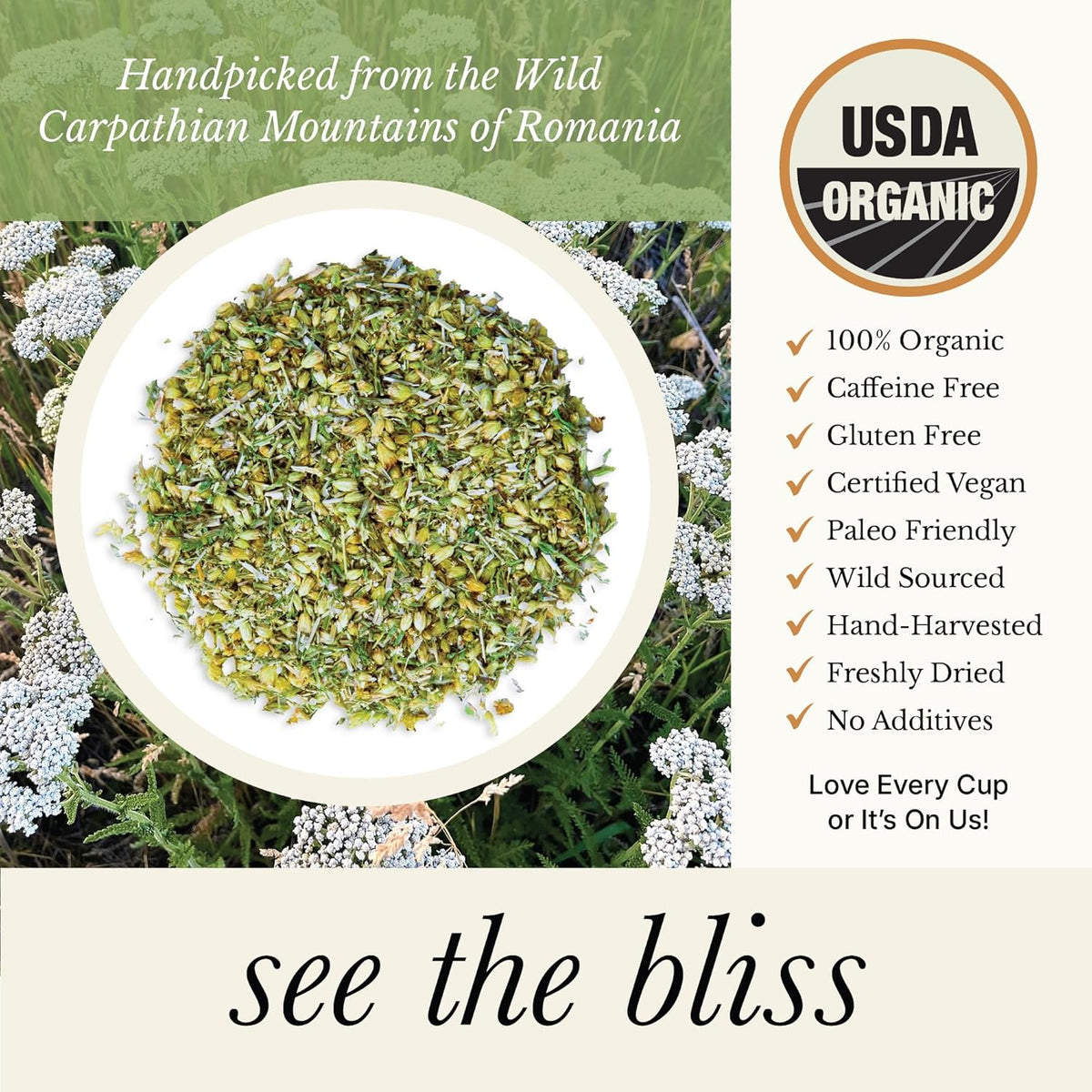 Wild Bliss Organic Yarrow Tea - Caffeine Free Loose Leaf Herbal Tea - Pharmacopoeia Potency - 1.76 Ounces - 25 Servings