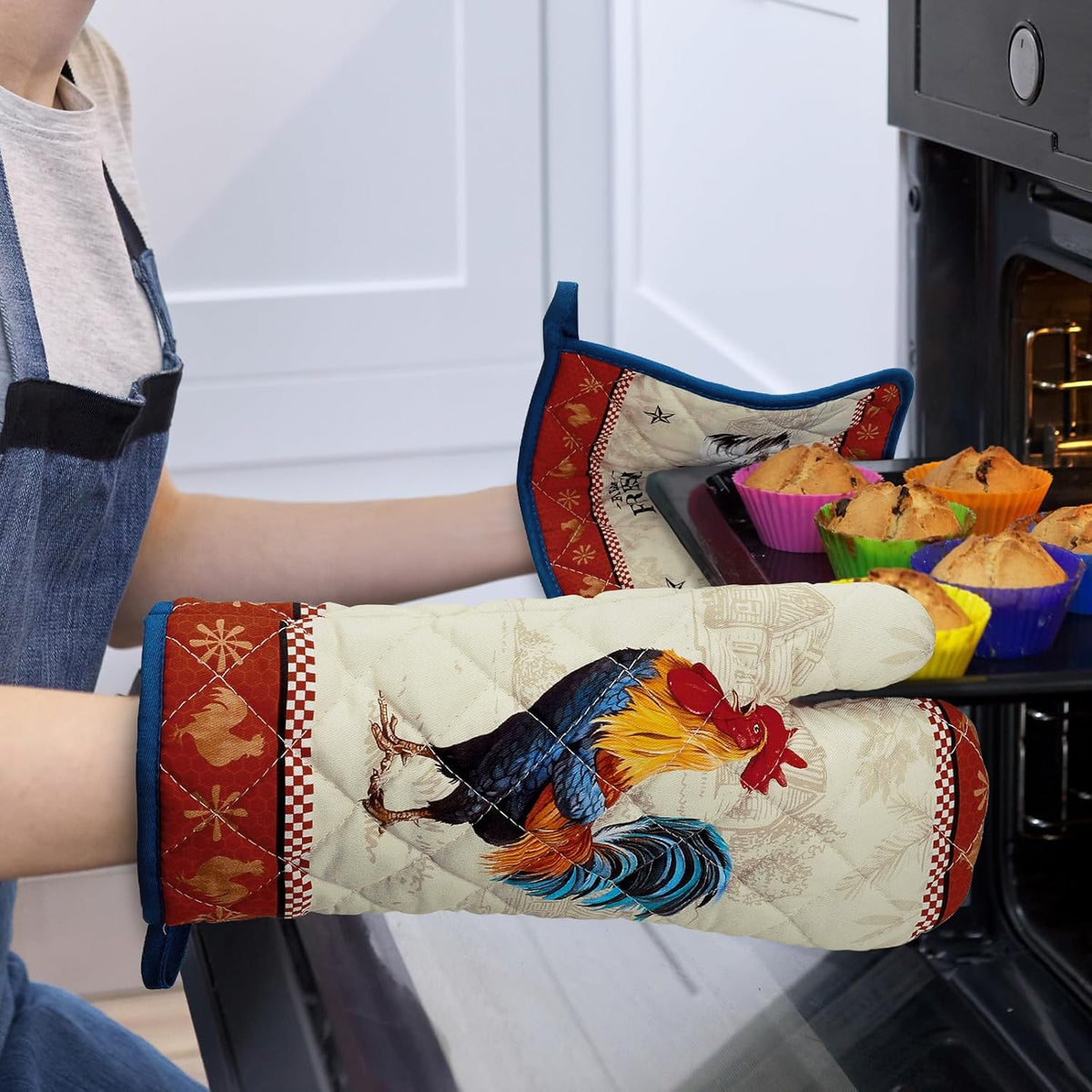 Rooster Oven Mitts and Pot Holders Sets 4Pcs, 100% Cotton Heat Resistant, Extra Long Oven Gloves Potholder for Kitchen Cooking Baking Housewarming