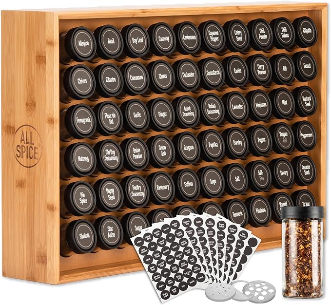 AllSpice Spice Rack Organizer, Wood, 525 Unique Labels, Countertop or Wall Mount, Includes 60 4oz Jars- Bamboo
