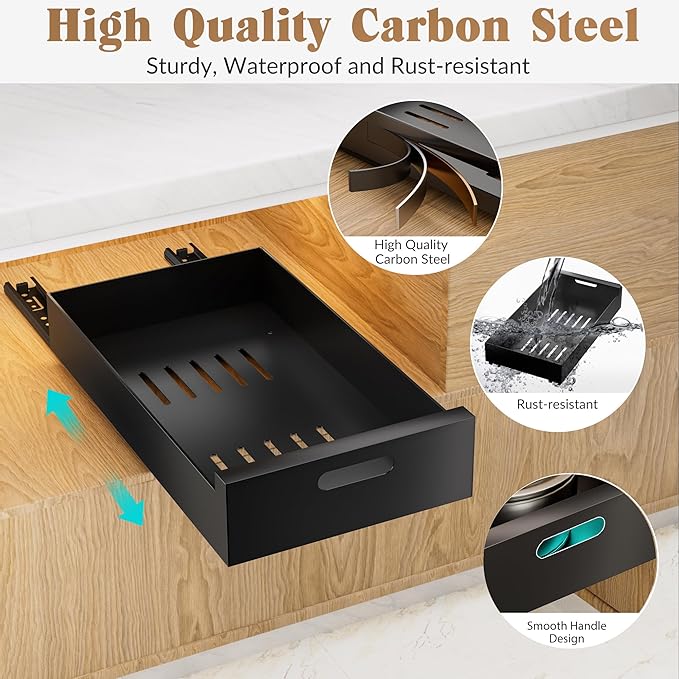 HBL' 2 Pack | 16.9" Deep Pull Out Cabinet Organizer Adhesive, 12-Inch Wide Sturdy Carbon Steel Roll-Out Drawers for Face Frame or Frameless Cabinets, Slide-Out Shelves for Pantry.