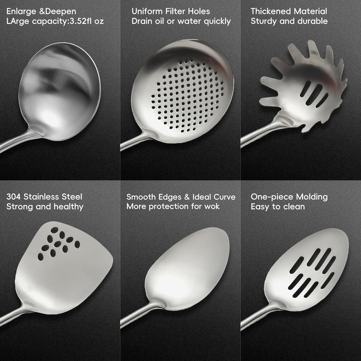 Stainless Steel Kitchen Utensils Set with Wood Handle, 18/10 Metal Cooking Utensils Set, 6-Piece - Spatula, Spoon, Ladle, Skimmer, Slotted Spoon, Pasta Server (Dishwasher Safe)