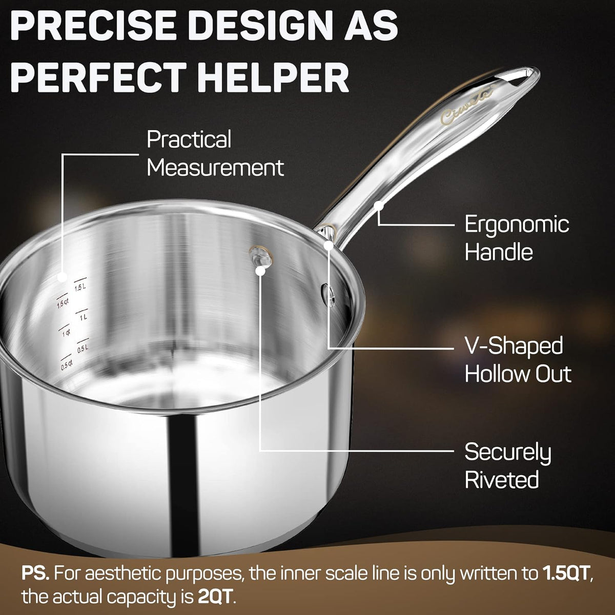 2 Quart Sauce Pan with Lid, Tri Ply Stainless Steel Saucepan 2 Qt with Stainless Steel Lid, 2 Measuring Lines, Upgraded Packaging, Cool Ergonomic Handle, Dishwasher & Oven Safe